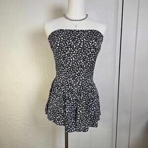 Vintage Swimsuit Strapless Women's sz Small Ditsy Floral Black White 90s Grunge